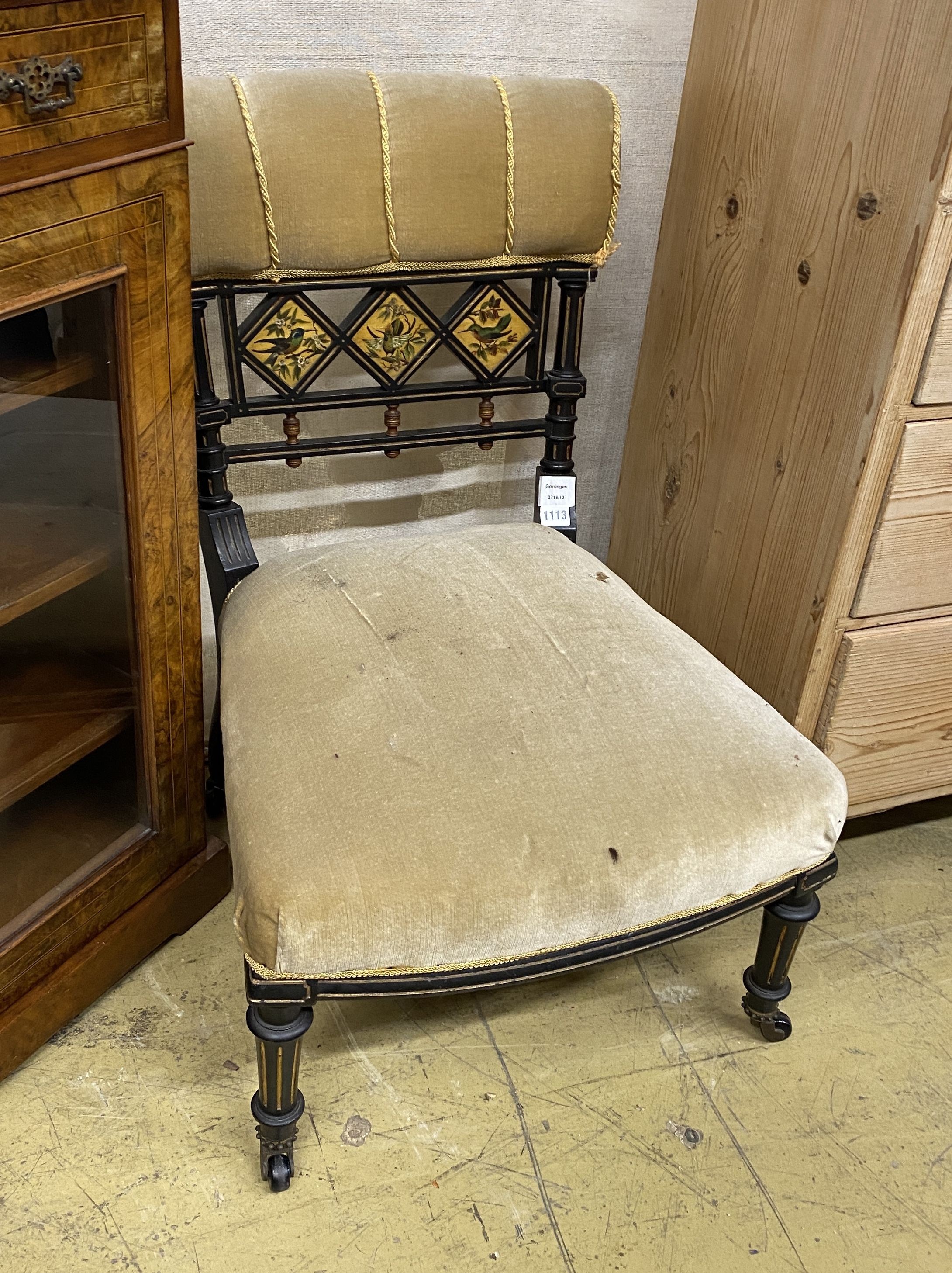 A late Victorian Aesthetic Movement painted ebonised salon chair decorated with song birds, width 50cm, depth 50cm, height 76cm